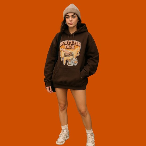 Afferdin “Root Beer Yarr” Graphic Hoodie Brown Oversized Sweatshirt (Unisex L) - Picture 1 of 9